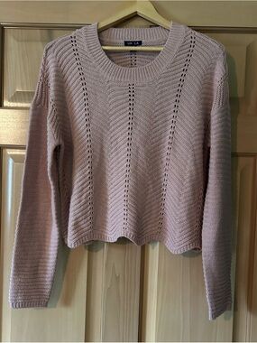 UK2LA Pink Pointelle Knit Crop Sweater Long Sleeve Boho Y2K Drop Shoulder